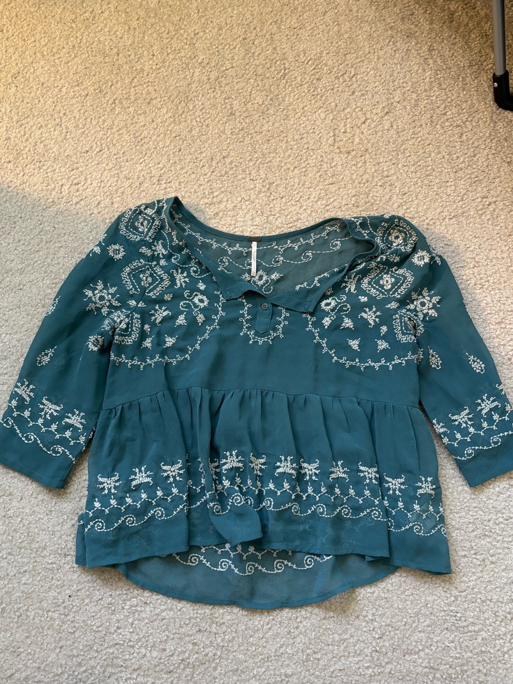 Free People Teal Embroidered Peasant Tunic